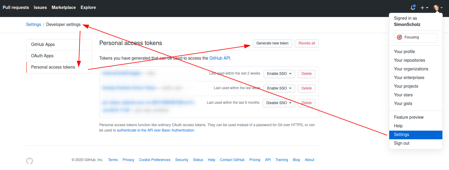 personal access token settings