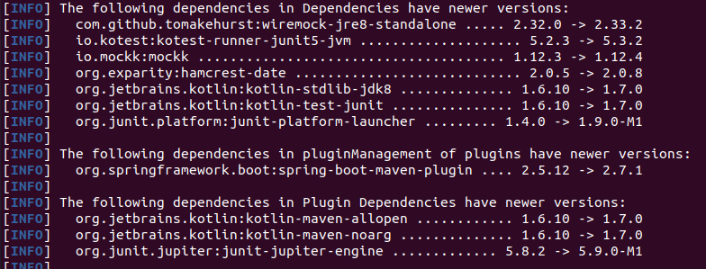 Maven Dependency Updates Output