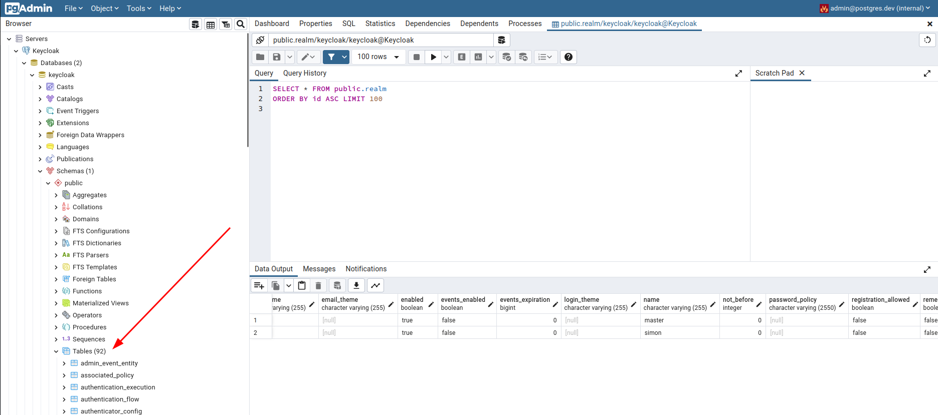 PGAdmin Keycloak tables
