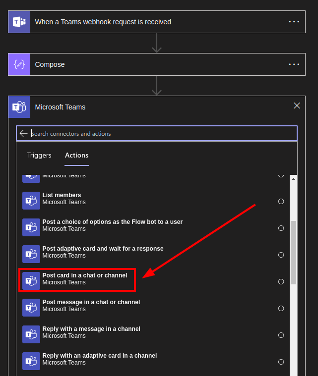 Microsoft Teams send card action
