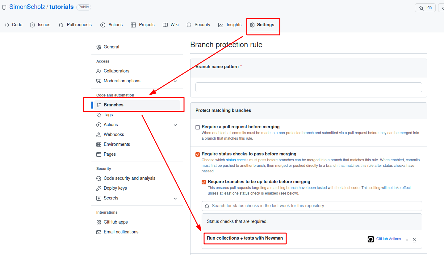 Branch protection rule for newman checks