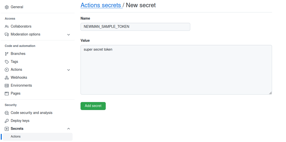 Setting the new repository secret